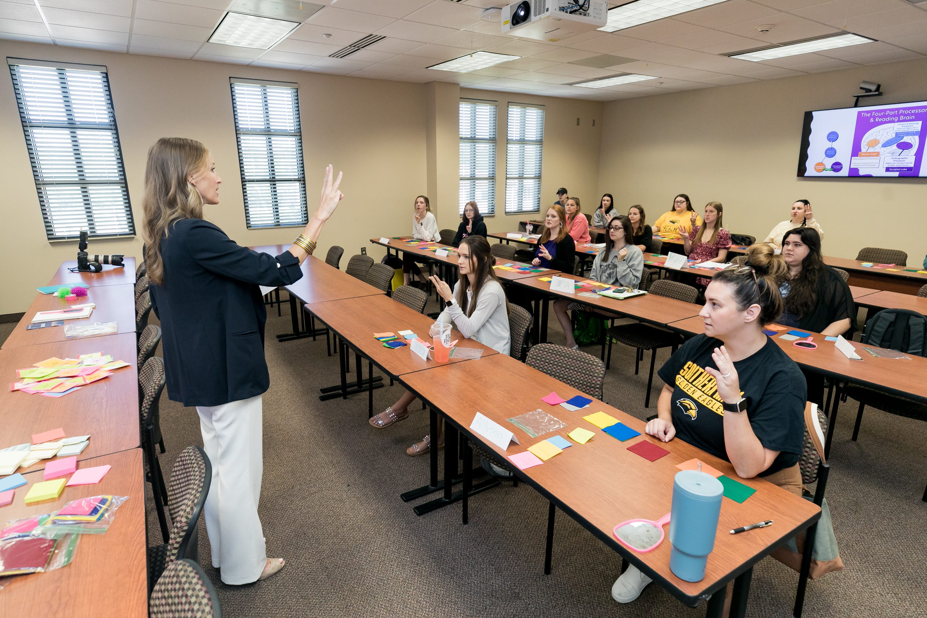 University of Southern Mississippi Gulf Park Campus Associate Teaching Professor Billie Tingle educates future teachers on lessons in reading in Long Beach, Mississippi, on Sept. 14, 2022.