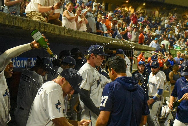 The Blue Wahoos celebrate after clinching the division title and reaching a championship series for the first time in their 10th anniversary season.