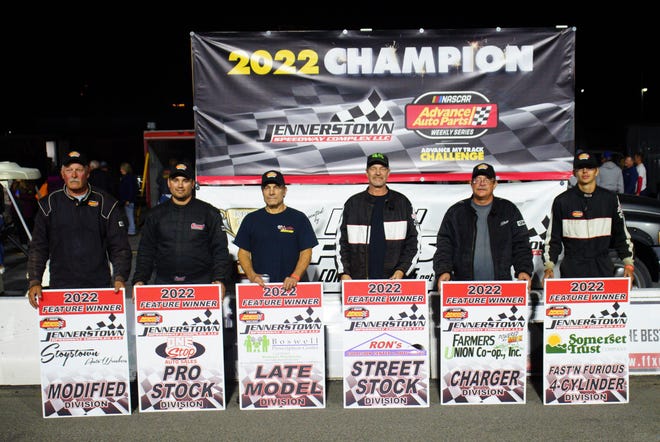 Jennerstown Speedway crowned its 2022 champions on Sept. 24. Pictured are, from left, Tom Golik, Jeff Giles, Barry Awtey, Greg Burbidge, Steve Singo and Johnathan Haburcsak.