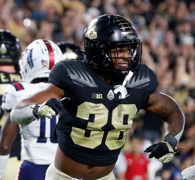 Purdue Boilermakers running back Dylan Downing (38) celebrates after scoring during the NCAA football game against the Florida Atlantic Owls, Saturday, Sept. 24, 2022, at Ross-Ade Stadium in West Lafayette, Ind. Purdue won 28-26.