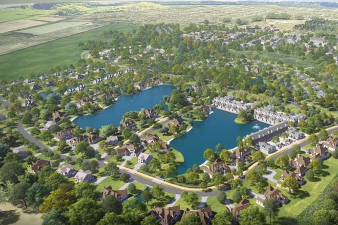 This aerial view shows how Alton Place would appear after build-out. The $275-million mixed-use development is at Alton Darby Creek and Roberts roads in Hilliard.