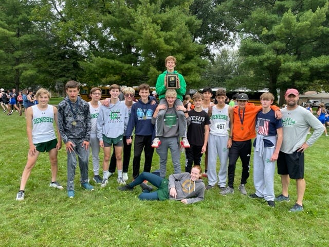 Members of Geneseo High School Boys’ Cross Country Team pose for a photo after a recent meet. Team members are, from left: Jacob Taylor, Aiden Bries, Connor Douglas, Rylan Lambert, Camden Baumgardner, Max Johnson, Dylan Gehl (on top), Zach Meier, Mason Anderson, Grady Hull, Christian Haney, Kaden Elmer, Jaxson Sottos, Calvin Bell and Coach Todd Ehlert. Mason Anderson on the ground in front.