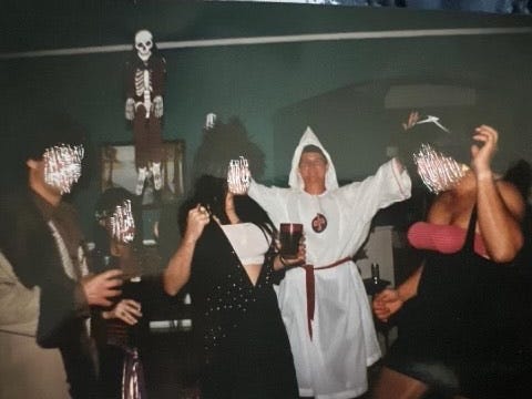 A photo purportedly of the recently appointed Gadsden County Commissioner, Jeffery Moore, in a KKK costume.