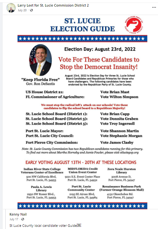 Republican candidate for the St. Lucie County Commission District 2 race, Larry Leet, has been running a Republican central campaign. This contrasts to his opponent and incumbent Sean Mitchell's strategy, which has been to promote the slogan "people over politics."