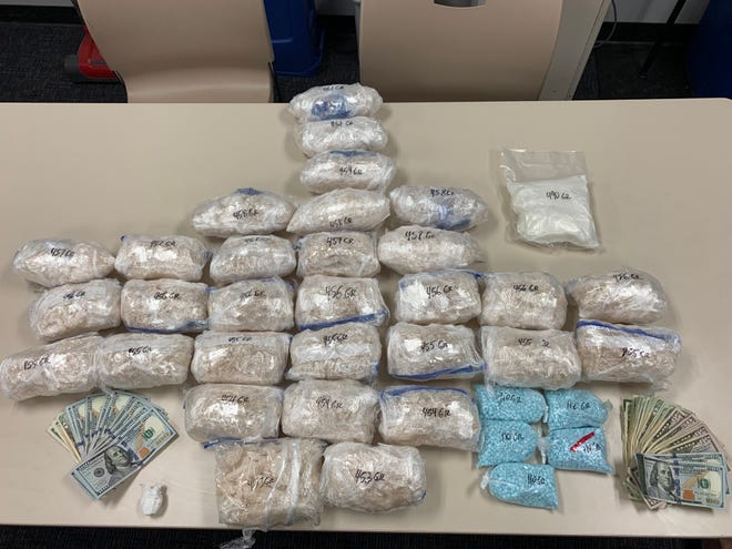 Methamphetamine, cocaine, and counterfeit pills seized during a narcotics trafficking investigation by the Ventura County Sheriff's Office.