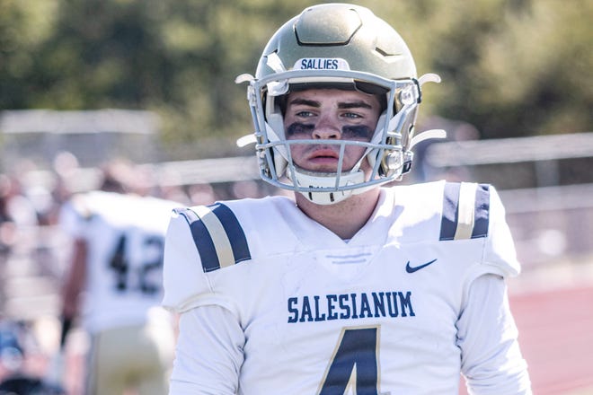 Sals' James Collins seconds before his game winning field goal in Salesianum's 16-14 win at St. Georges, Saturday, Sept. 24, 2022.