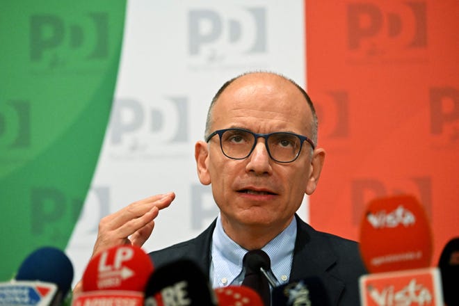 Enrico Letta, leader of Italian center-left Democratic Party (PD), delivers an address on Sept. 26, 2022, at the party's headquarters in Rome, a day after the country's vote in general elections.