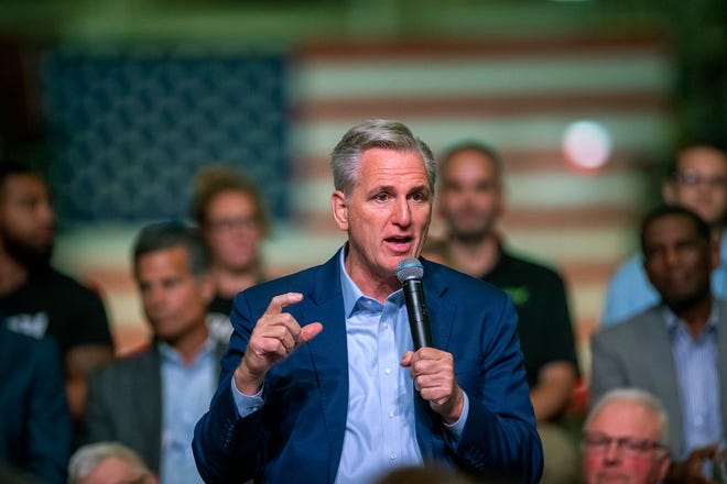 U.S. Rep. Kevin McCarthy introduces the House GOP's "Commitment to America," at a gathering at Ductmate Industries, Friday, Sep. 23, 2022 in Monongahela, Pa. (Pam Panchak/Pittsburgh Post-Gazette via AP) ORG XMIT: PAPIT556