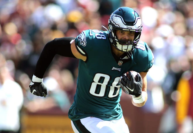 Philadelphia Eagles tight end Dallas Goedert (88) scores a touchdown during an NFL football game against the Washington Commanders, Sunday, Sept. 25, 2022 in Landover.