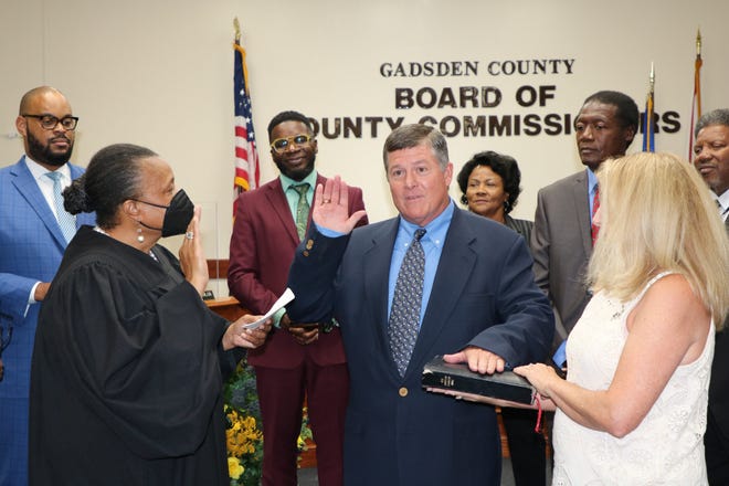 Jeffery Moore, a Havana resident and former state worker, is sworn in after he is appointed to the Gadsden County Board of Commissioners in July by Gov. Ron DeSantis. Moore abruptly resigned Friday.