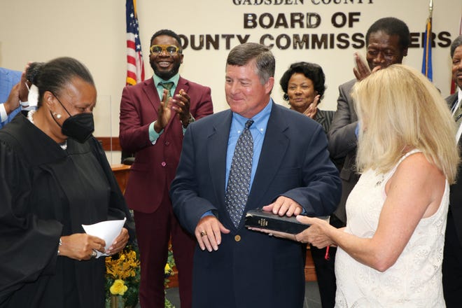 Jeffery Moore, a Havana resident and former state worker, is sworn in after he is appointed to the Gadsden County Board of Commissioners in July by Gov. Ron DeSantis. Moore abruptly resigned Friday.