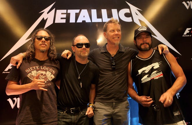 Metallica's Kirk Hammett (L to R), Lars Ulrich, James Hetfield and Robert Trujillo attend the F1 Rocks India Metallica concert press conference on October 28, 2011 in Delhi, India.  Firefly fans are clamoring on social media for Metallica to headline The Woodlands of Dover festival in 2023.