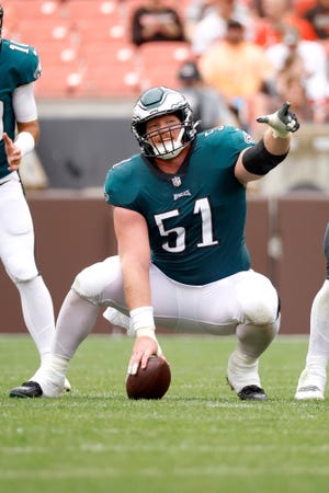 Philadelphia Eagles center Cam Jurgens (51) prepares to snap the ball during an NFL preseason football game against the Cleveland Browns, Sunday, Aug. 21, 2022, in Cleveland.