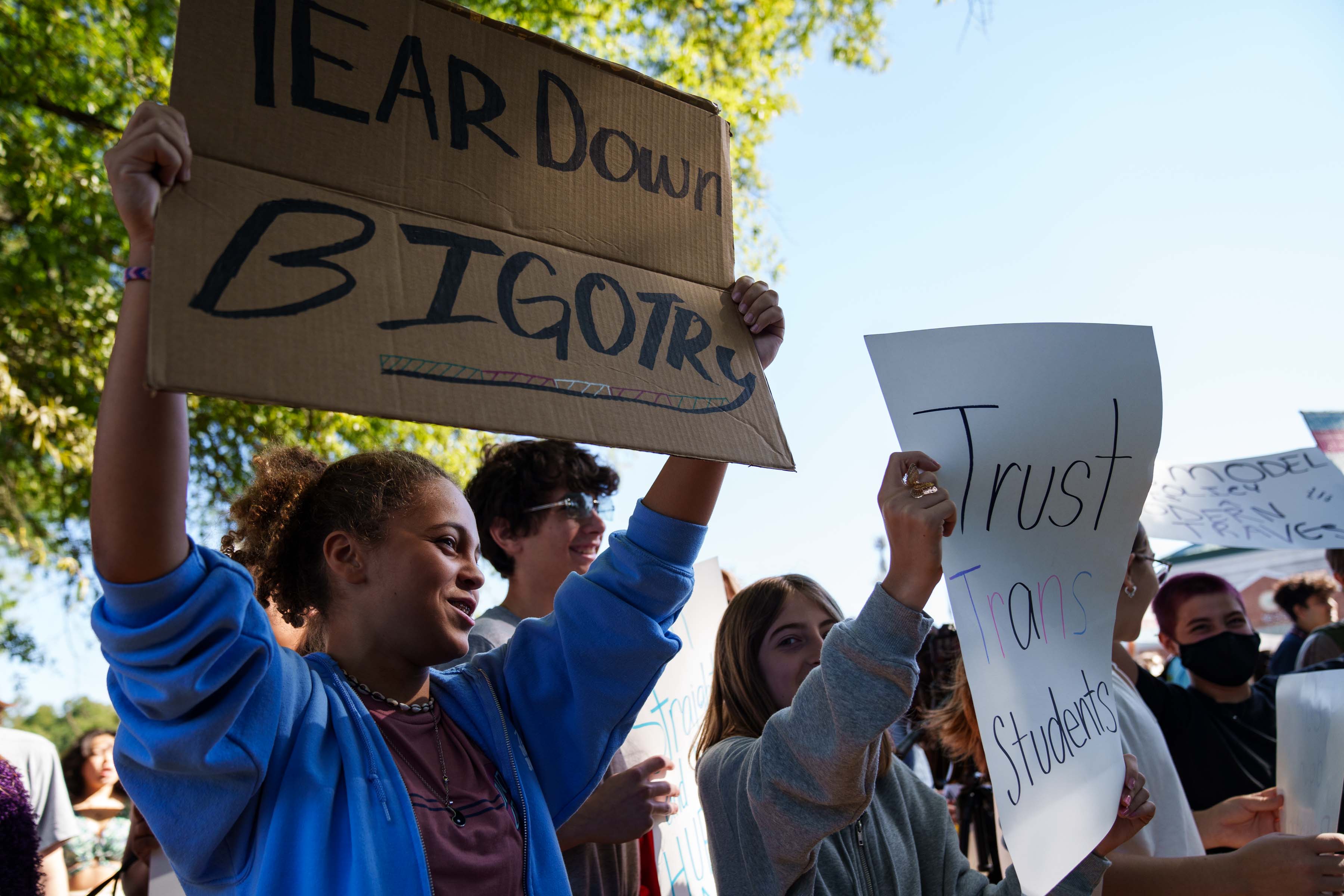 McLean High School students participated in a walkout in front of their school in protest of Republican Gov. Glenn Youngkin's policy that would restrict the rights of transgender students. Students from nearly 100 schools across the state participated in the September walkout.