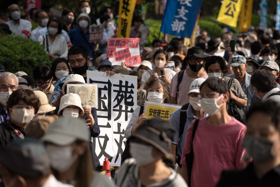 People gather outside the National Diet building to protest against the state funeral of former Japanese Prime Minister Shinzo Abe on September 27, 2022 in Tokyo, Japan.