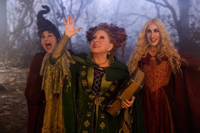 The Sanderson sisters – Mary (Kathy Najimy, far left), Winifred (Bette Midler) and Sarah (Sarah Jessica Parker) – return to Salem in the family-friendly Halloween sequel "Hocus Pocus 2."