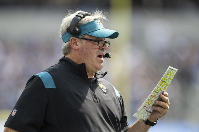 Jacksonville Jaguars head coach Doug Pederson watches his players during an NFL football game against the Los Angeles Chargers Sunday, Sept. 25, 2022, in Inglewood, Calif. (AP Photo/Kyusung Gong)