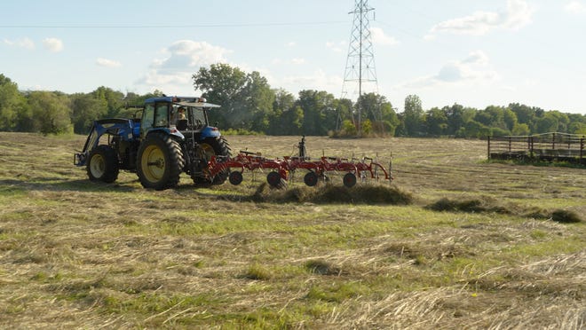 Tyler Trietsch runs the tractor across the field as he bales hay for Trietsch farms, a cattle farm that he operates with his family. Their farm is one of many across the region that is feeling the squeeze from supply costs that have more than doubled and equipment parts that are slow to come in.
