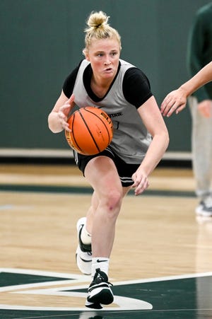 Michigan State's Theryn Hallock moves with the ball during practice on Wednesday, Sept. 28, 2022, at the Breslin Center in East Lansing.