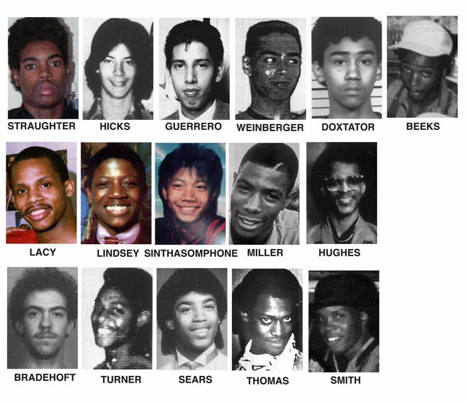 From left to right, top to bottom, are 16 people serial murderer Jeffrey Dahmer was found guilty of murdering: Curtis Straughter, Steven Mark Hicks, Richard Guerrero, Jeremy Weinberger, Jamie Doxtator, Ricky Beeks, Oliver Lacy, Errol Lindsey, Konerak Sinthasomphone, Ernest Miller, Anthony Hughes, Joseph Bradehoft, Matt Turner, Anthony Sears, David C. Thomas, and Edward W. Smith.