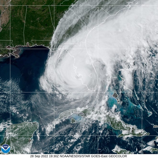 NOAA's STAR GOES East satellite caught this image as Hurricane Ian moved over the Florida coast at 3:05 p.m. Wednesday, September 28 near Sanibel Island and Cayo Costa State Park.
