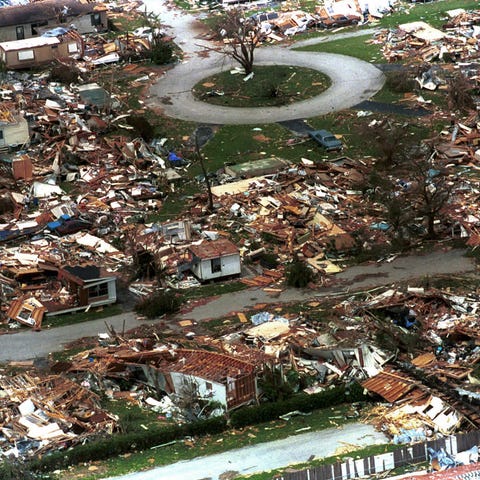 Aerial view of the damage done by Hurricane Andrew