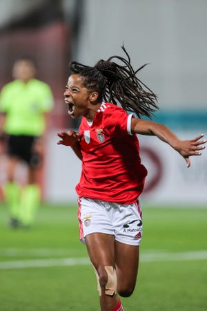 Benfica player Jessica Silva celebrates after scoring a goal against Rangers during the UEFA Women's Champions League Round 2, 2nd leg match, held at Futebol Campus, Seixal, Portugal, Sept. 28, 2022.