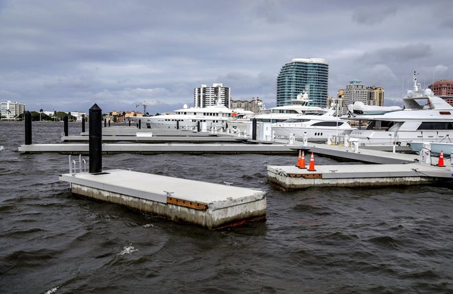 A piece of the Peruvian dock at the Town of Palm Beach Marina was found broken off the night after hurricane Ian passed through the state of Florida September 29, 2022.