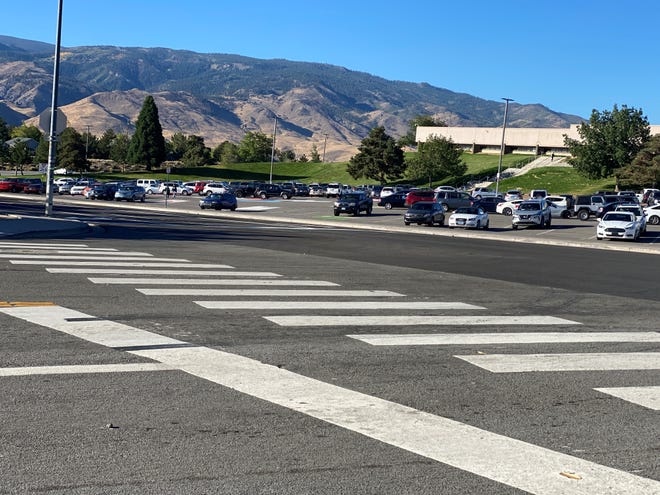 The  crosswalks near McQueen High as seen on Sept. 29, 2022. A Reno woman has been charged with felony hit and run after police say she hit a McQueen student on his way to school on Sept. 26, 2022.