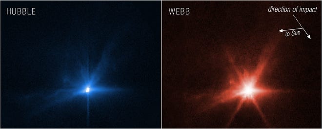 For the first time, NASA’s James Webb Space Telescope and Hubble Space Telescope have taken simultaneous observations of the same target.

These images, Hubble on left and Webb on the right, show observations of Dimorphos several hours after NASA’s Double Asteroid Redirection Test (DART) intentionally impacted the moonlet asteroid. It was the world’s first test of the kinetic impact technique using a spacecraft to deflect an asteroid by modifying its orbit.

Both Webb and Hubble observed the asteroid before and after the collision took place.