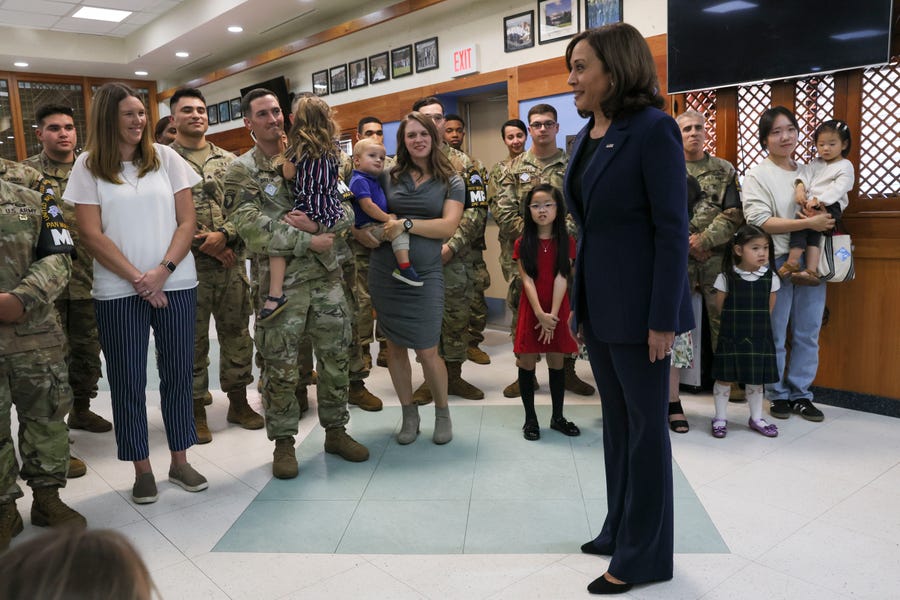 U.S. Vice President Kamala Harris greets soldiers at Camp Bonifas as she visits the demilitarized zone (DMZ) separating the two Koreas, in Panmunjom, South Korea Thursday, Sept. 29, 2022.