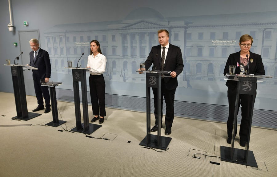 Finnish Foreign Minister Pekka Haavisto, Finnish Prime Minister Sanna Marin, Finnish Defence Minister Antti Kaikkonen and Finnish Interior Minister Krista Mikkonen address a press conferance on current security issues concerning Nord Stream gas pipelines and restrictions on the issuing of visas to Russian citizens in Helsinki, Finland on September 28, 2022.
