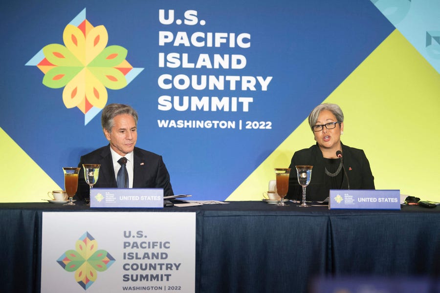 East-West Center President Suzanne Puanani Vares-Lum (L) speaks alongside US Secretary of State Antony Blinken during the US-Pacific Island Country Summit at the State Department in Washington, DC, September 28, 2022.