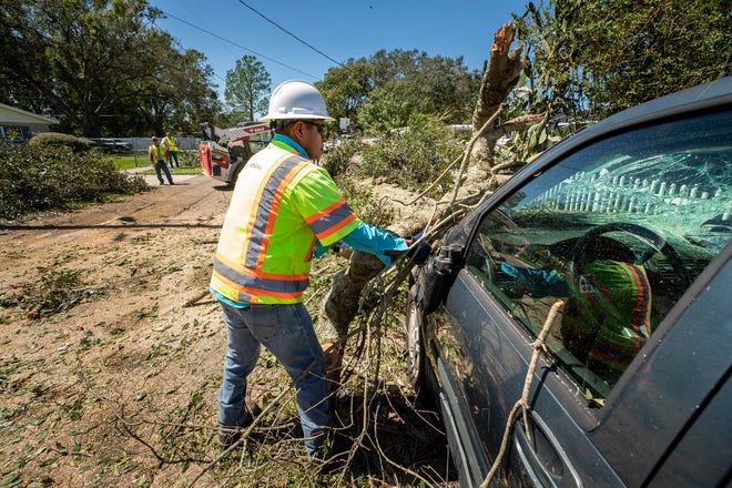 Simon Perez with Kendall tree company removes a branch from an oak tree knocked over by Hurricane Ian crushing a vehicle on Avenue C NE In Winter Haven  Fl. Friday September 30,2022Ernst Peters/.The Ledger