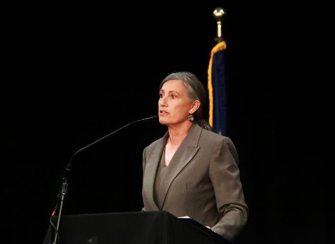 Democratic candidate in the race for Montana's western congressional district, Monica Tranelin speaks during a forum in Butte, Mont., Thursday, Sept. 29, 2022.