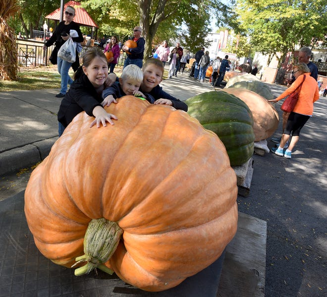 Olivia Owens, 10, of Dundee with her brothers Lucas, 3, and Jase, 8, hugged one of the large pumpkins that were entered in the giant pumpkin weigh-off this past Saturday at the Dundee Pumpkin Palooza annual event.