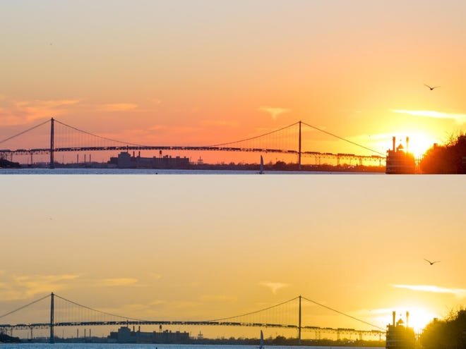 Ambassador Bridge from DRFC as seen with regular color vision and in red-green color blind view