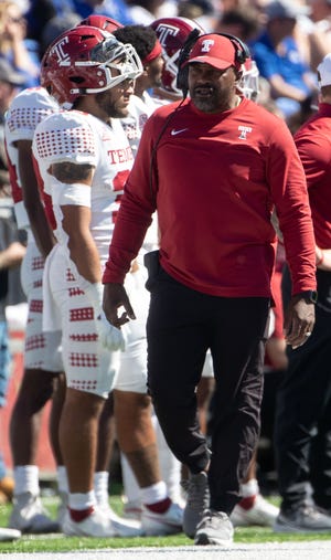 Temple Owls head coach Stan Drayton walks on the sidelines during the game against the Memphis Tigers on Saturday, Oct. 1, 2022, at Simmons Bank Liberty Stadium.  The Tigers beat the Owls 24-3.