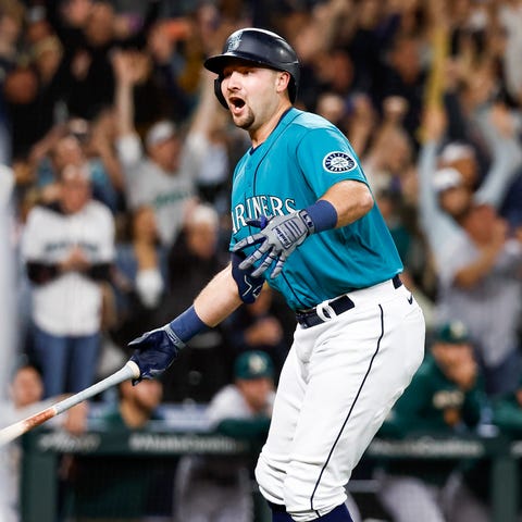 Seattle Mariners catcher Cal Raleigh reacts after 