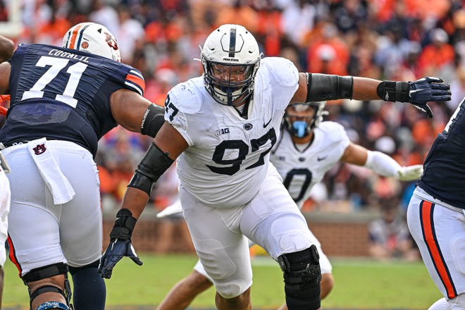 Penn State's PJ Mustipher (97) during first quarter action of the game with Auburn.  The No. 22/23 Nittany Lions exploded in the second half to earn a 41-12 win over Auburn on Saturday Sept. 17, 2022 in Jordan-Hare Stadium. Photo by Mark Selders