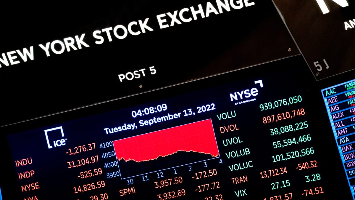 Statistics are displayed on a screen at the New York Stock Exchange on Tuesday, Sept. 13, 2022. The stock market fell the most since June 2020, with the Dow loosing more than 1,250 points. (AP Photo/Julia Nikhinson) ORG XMIT: NYJN142