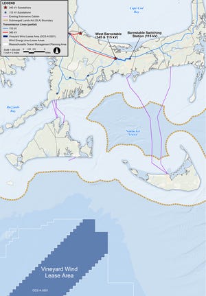 This map shows the area west of the Nantucket Shoals where the Vineyard Wind turbines will be erected; cables will run 35 miles from the Vineyard Wind lease area to Covell's Beach in Barnstable, and from there to the substation in Hyannis.