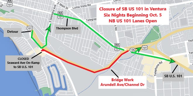 Southbound lanes of Highway 101 are scheduled to close from Seaward Avenue to Main Street in Ventura from 10 p.m. to 6 a.m. beginning Wednesday.