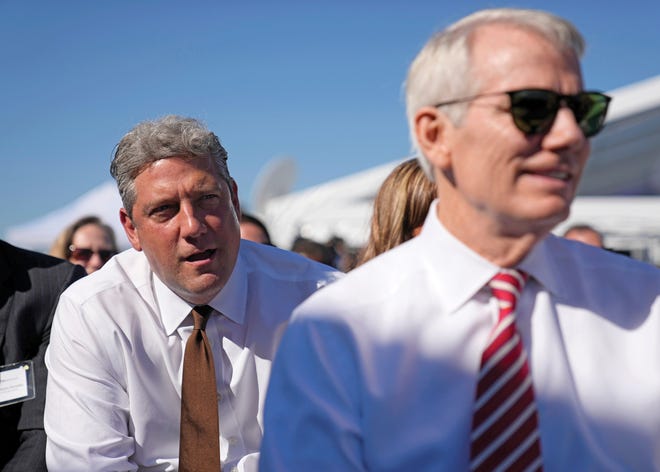 U.S. Rep. Tim Ryan, left, and Sen. Rob Portman attend the groundbreaking ceremony for Intel’s $20 billion semiconductor project in Licking County on Sept. 9, 2022.
