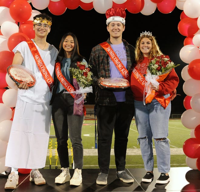 The 2022 Monmouth College Homecoming court, from left: Luis Castillo '24, prince; Lillian Hucke '24, princess; Tommy Green '23, king; and Calista Warmowski '23, queen.