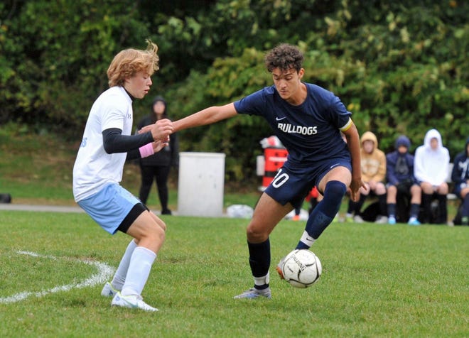 Rockland's Joao Faria, right, controls the ball as he keeps East Bridgewater's Jackson Rix, left, at bay during boys soccer at Rockland High School, Monday, Oct. 3, 2022.