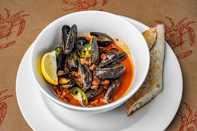 A bowl of cioppino, a classic fish stew.