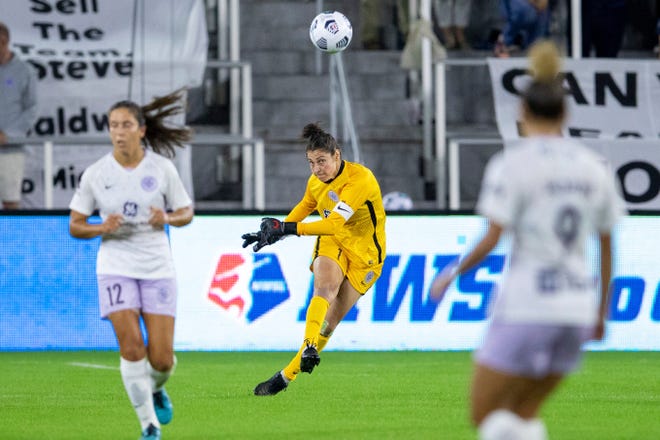 Goalkeeper Michelle Betos (1) played for Racing Louisville FC last season. She's now plays for NJ/NY Gotham FC. Betos is seen here in an Oct. 9, 2021 NWSL match against Washington.