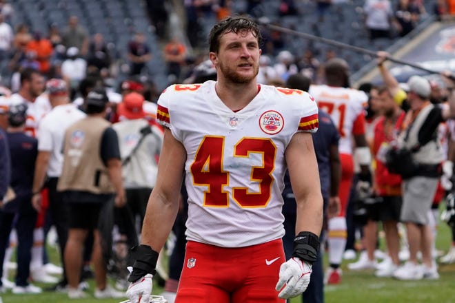 Kansas City Chiefs linebacker Jack Cochrane (43) leaves the field after a preseason NFL football game, Saturday, Aug.13, 2022, in Chicago.