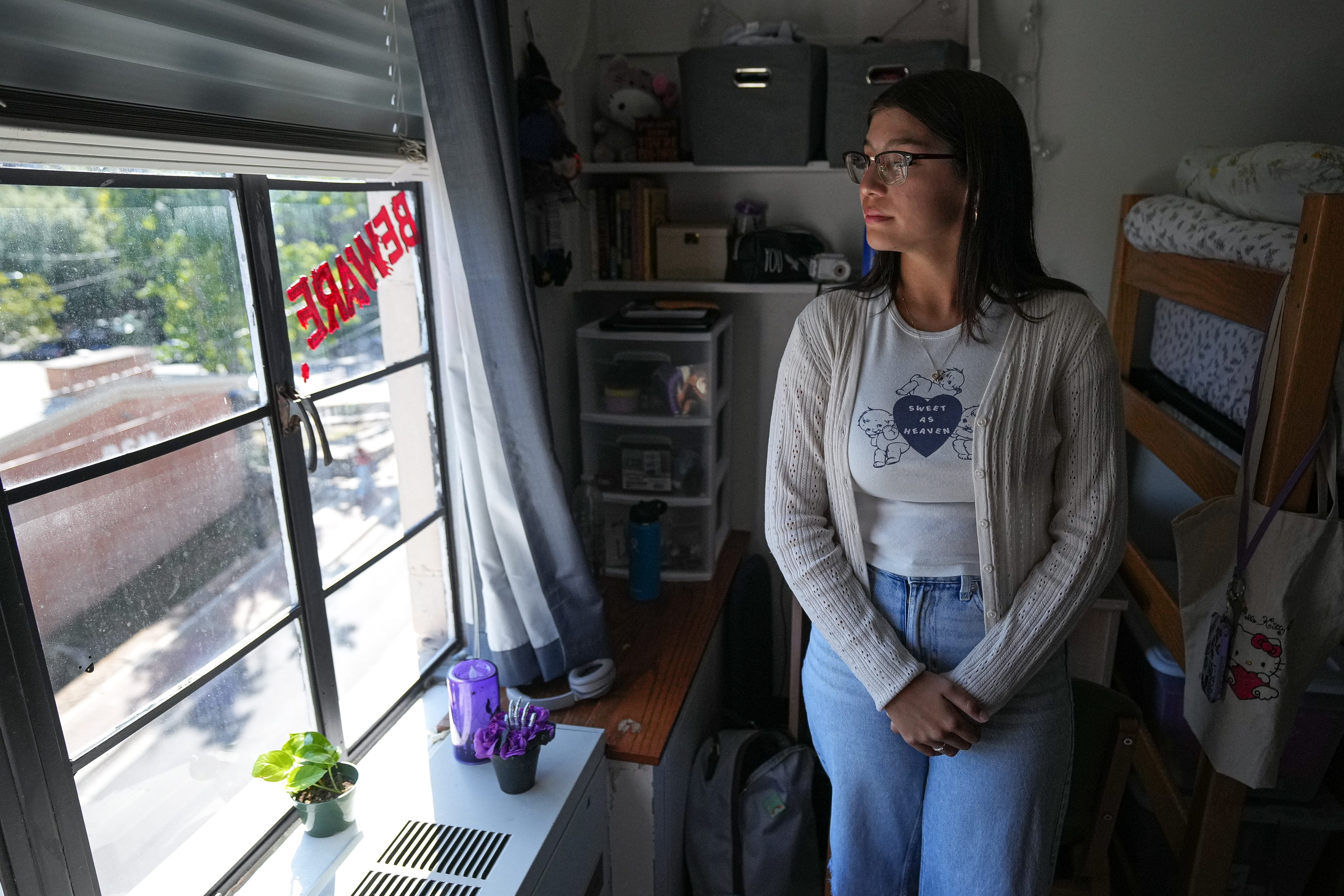 Texas State University freshman Natalie Ochoa stands in her dorm room at Texas State University in San Marcos, Texas.